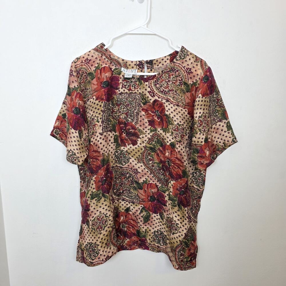 Vintage Tan Maroon 100% Silk Mixed‎ Media Artsy Whimsical Blouse Size Medium